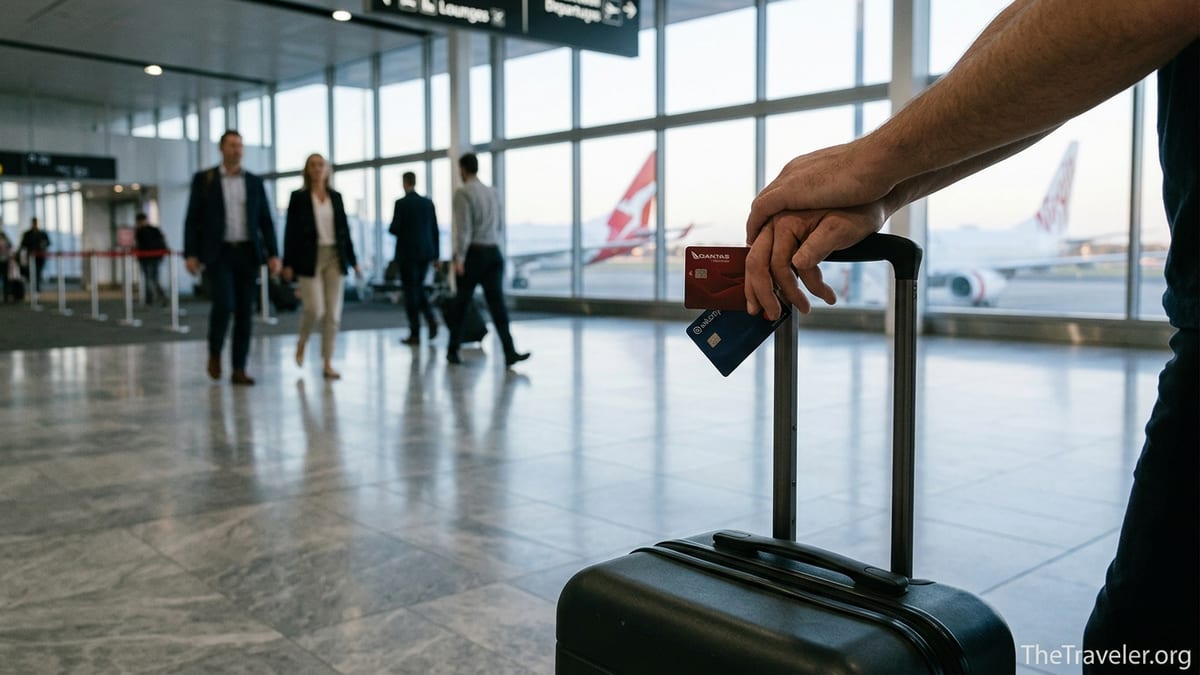 Traveller holding two Australian frequent flyer credit cards in an airport terminal with Qantas and Virgin planes outside.