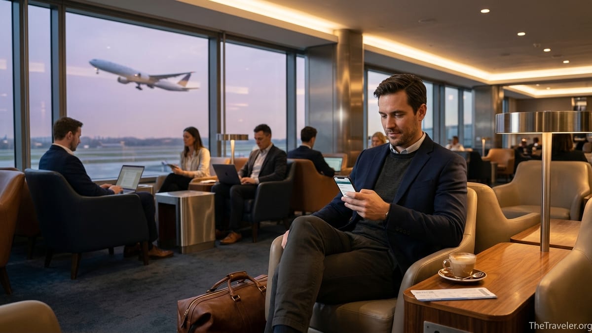 Traveler using a concierge app in an upscale airport lounge at dusk