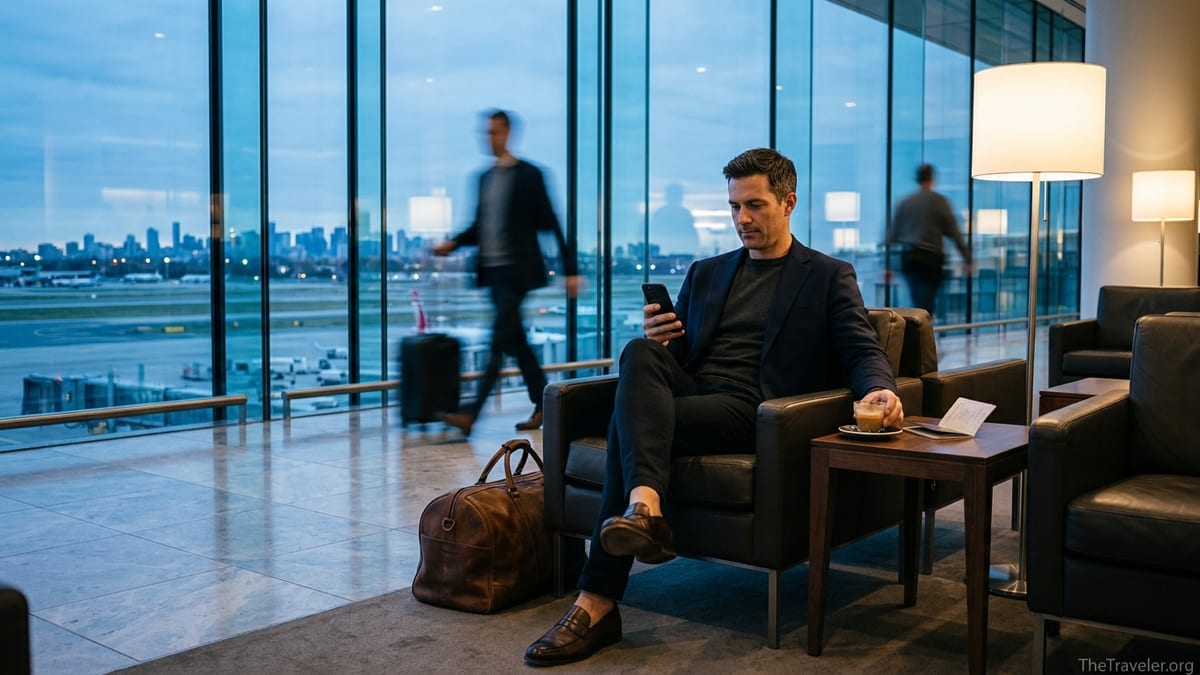 Traveler using a concierge app in a luxury airport lounge at dusk.
