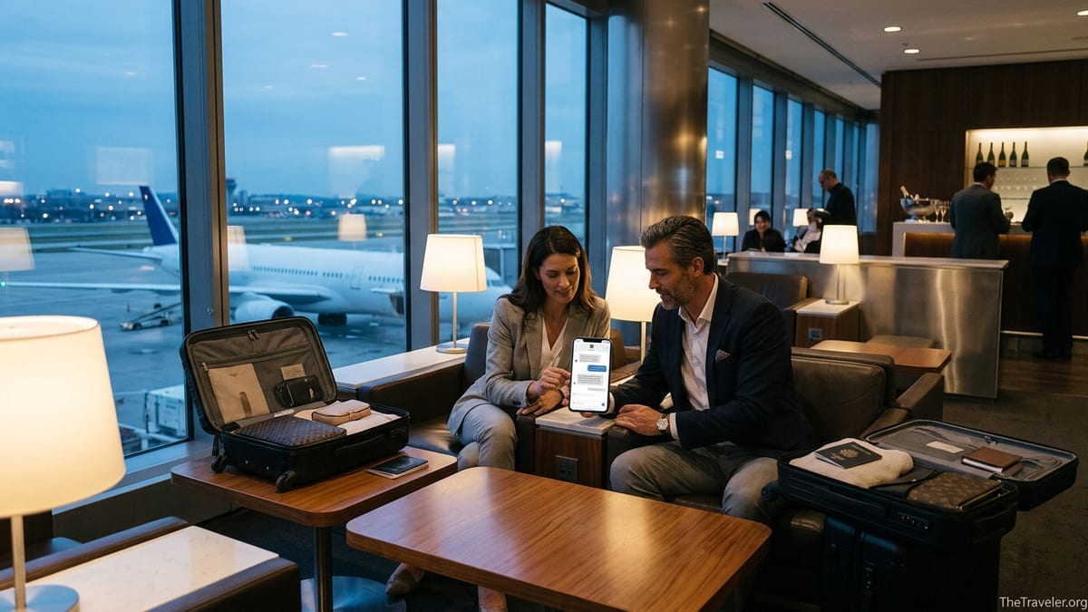 Couple using a concierge app in an airport first class lounge at dusk.