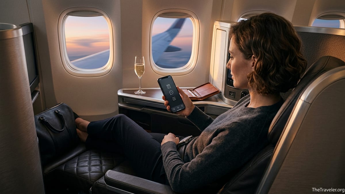 Traveler in a first class airline suite using a luxury concierge app on their phone
