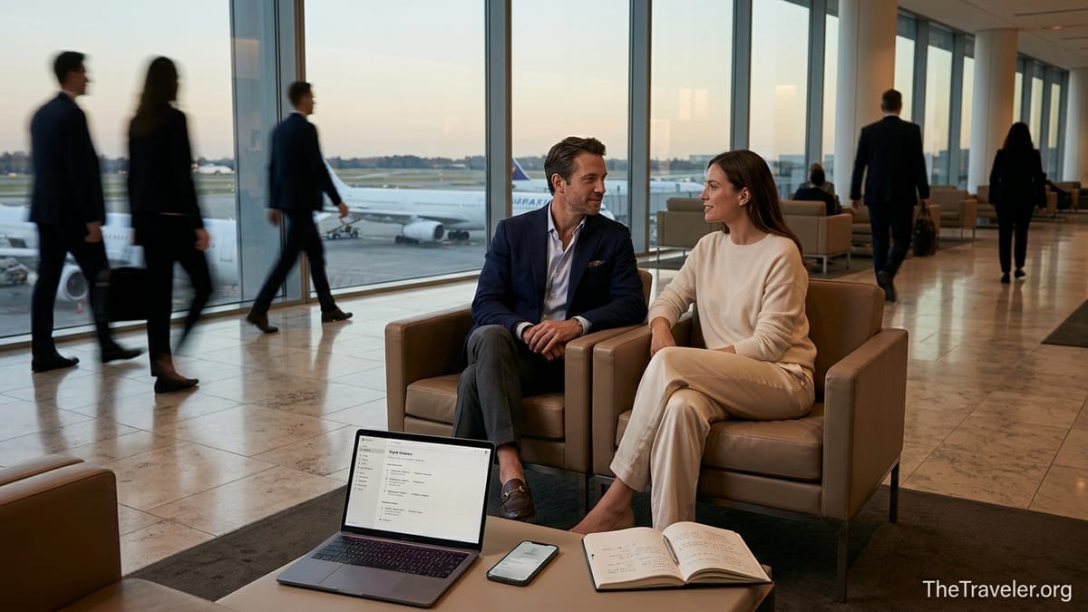 Couple in a first-class airport lounge planning a luxury trip with digital concierge apps.