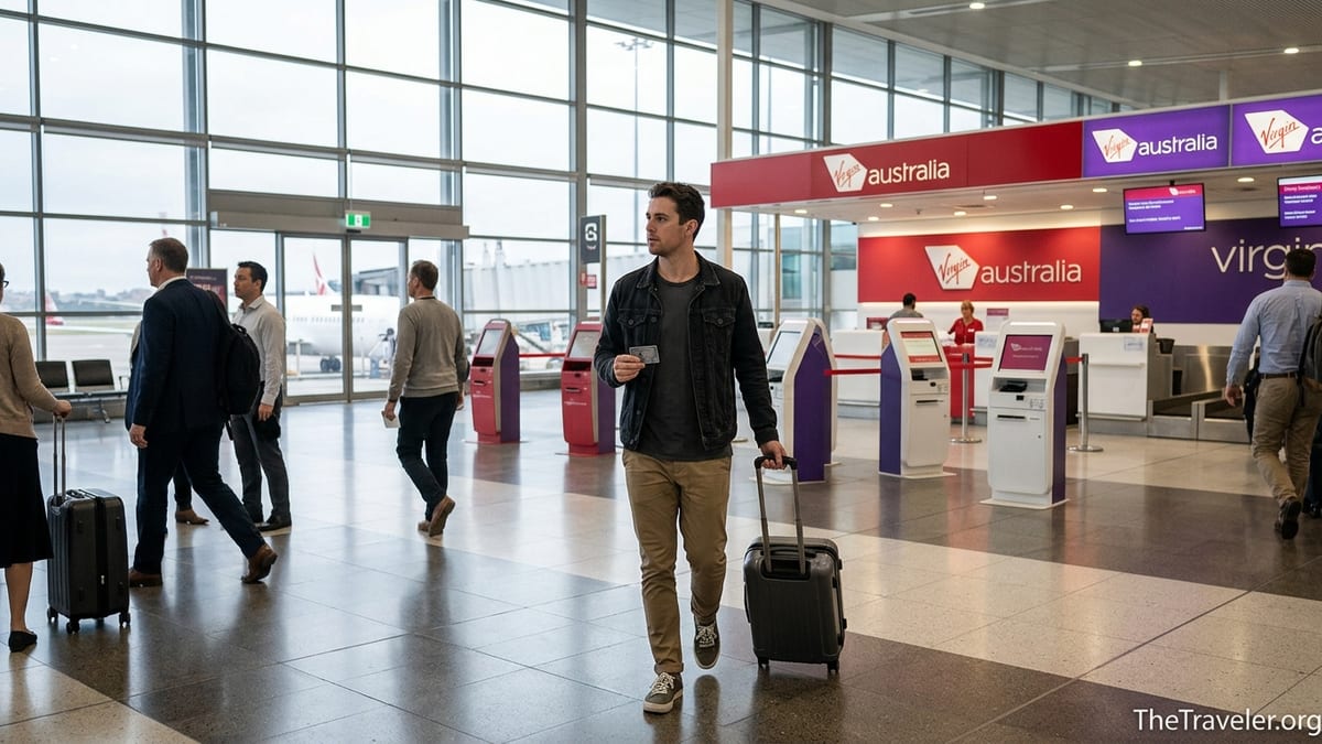 Traveler holding an Amex Velocity card walking toward Virgin Australia check-in at Sydney Airport.