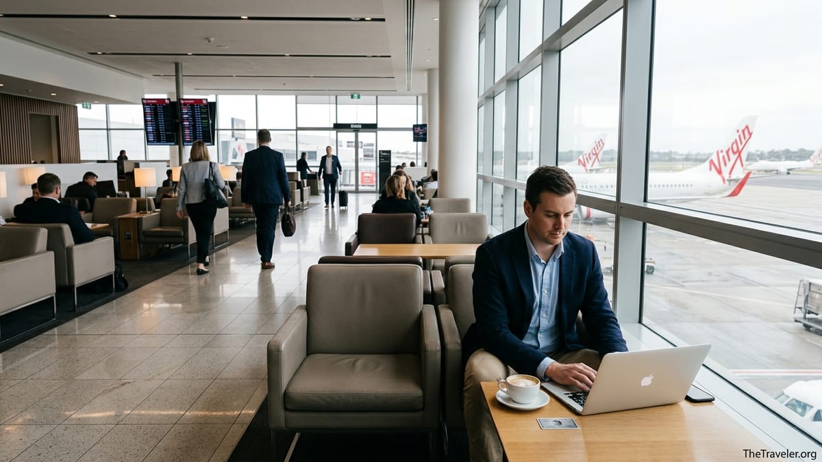 Traveler using a credit card in a Virgin Australia lounge overlooking aircraft on the tarmac.