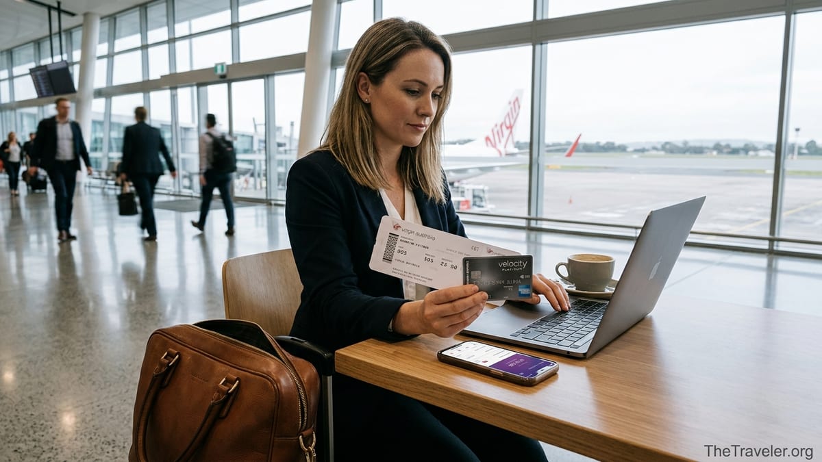 Traveller at an Australian airport checking Velocity points with an Amex card at hand.