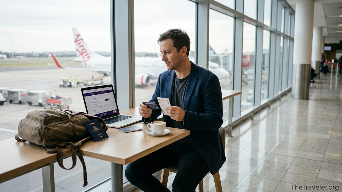 Traveller at Sydney Airport checking an American Express Velocity card with a Virgin Australia plane outside.