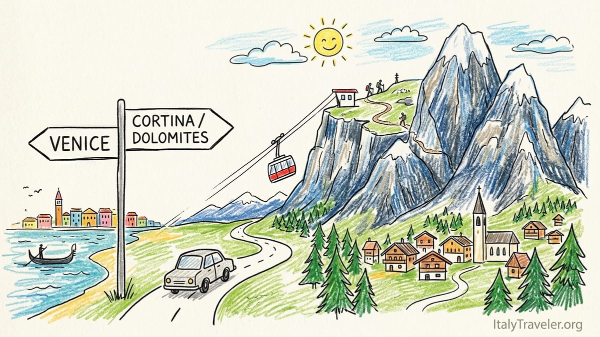 View over Cortina d’Ampezzo basin and Belluno Dolomites from a roadside viewpoint in soft afternoon light.