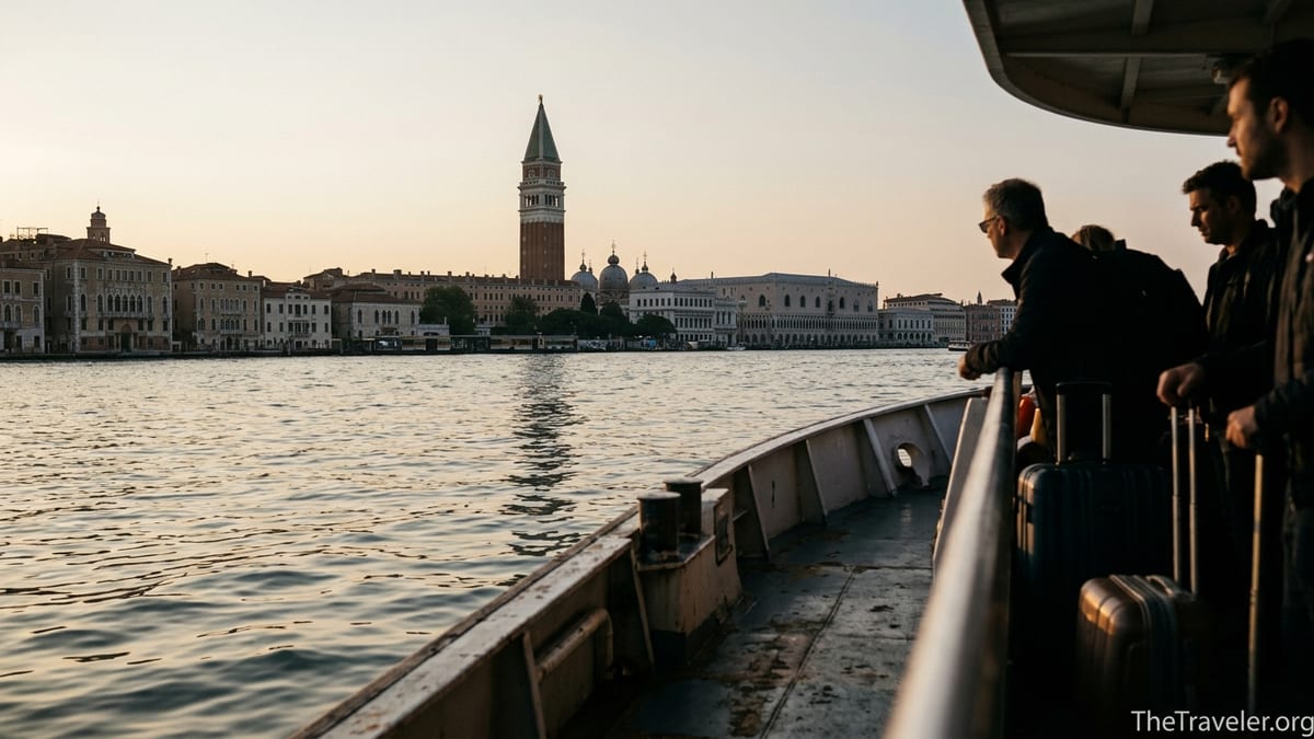 View from an airport boat arriving in Venice with the historic skyline in evening light.