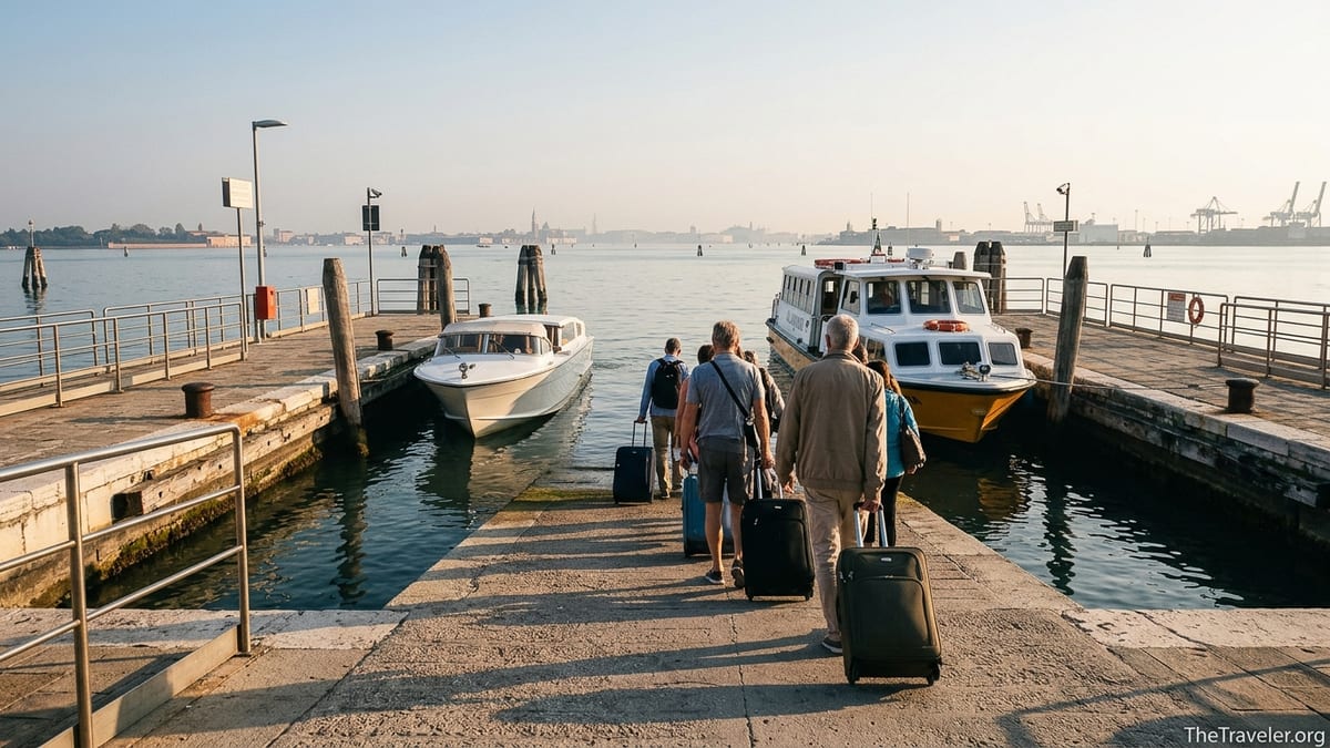 Cruise passengers with suitcases walking down Venice airport dock toward water buses on a calm morning.