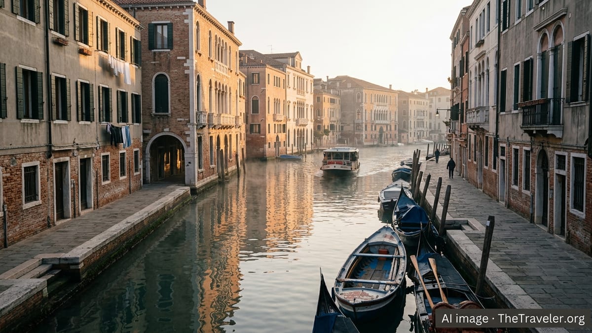 Sunrise over a quiet stretch of Venice’s Grand Canal with gondolas and historic palaces.