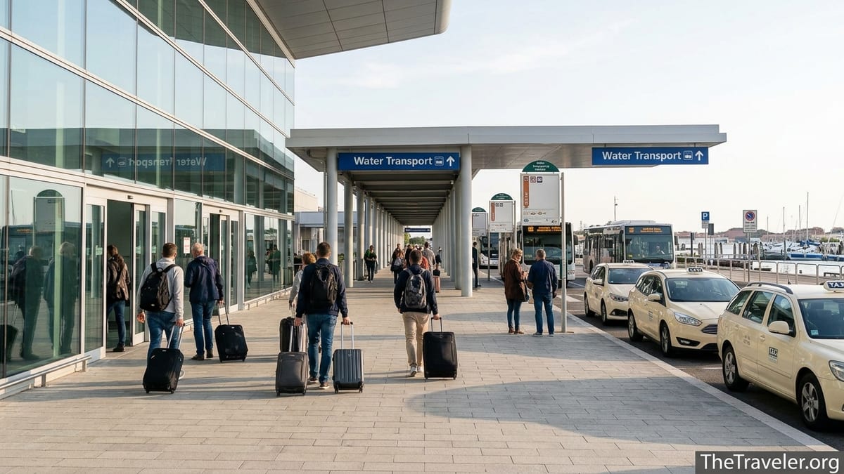 Arriving passengers outside Venice Marco Polo Airport following signs to buses, taxis and water transport.