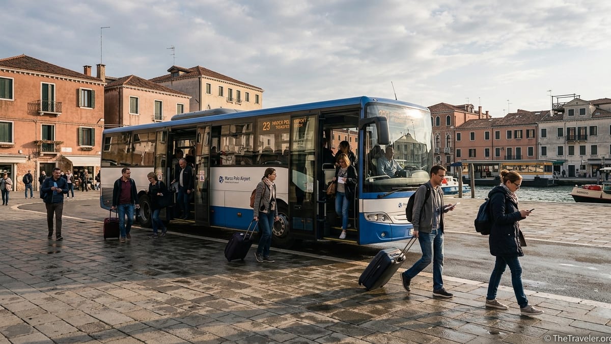 Passengers with luggage getting off an airport bus at Venice Piazzale Roma.