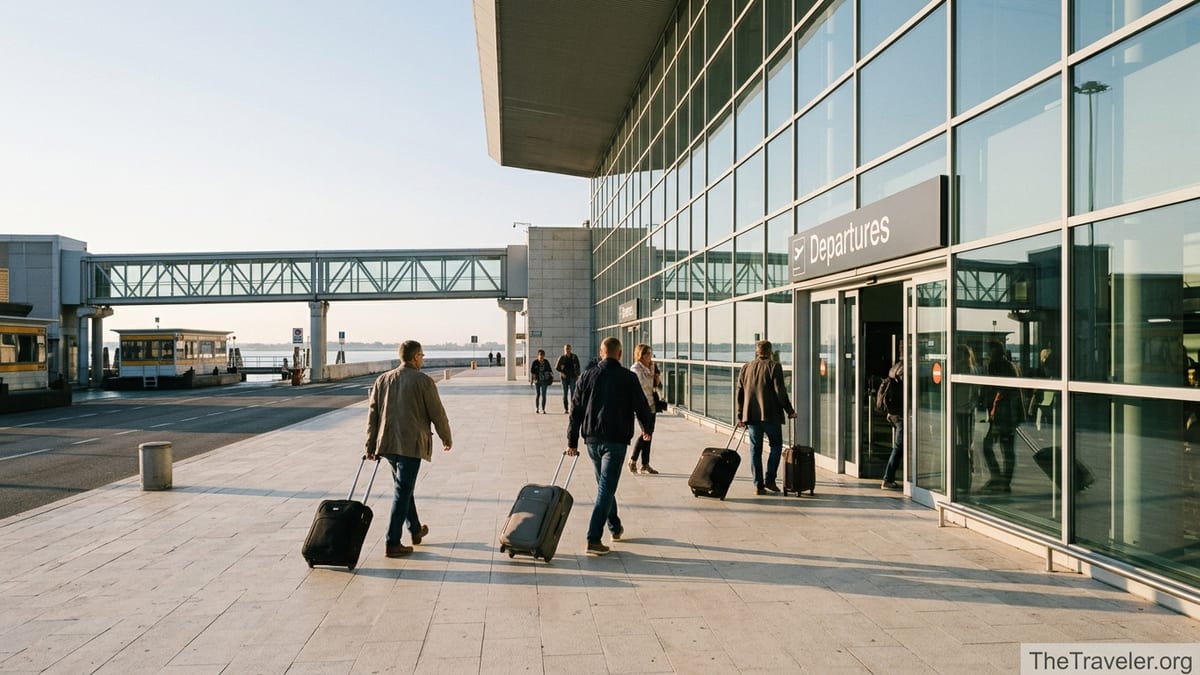 Travelers with luggage walking toward Venice Marco Polo Airport terminal in soft morning light.