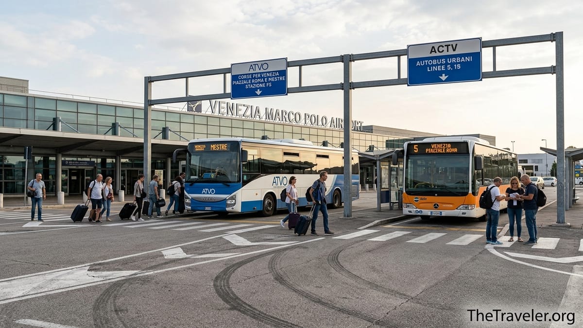 Travelers boarding airport buses to Mestre outside Venice Marco Polo Airport terminal.