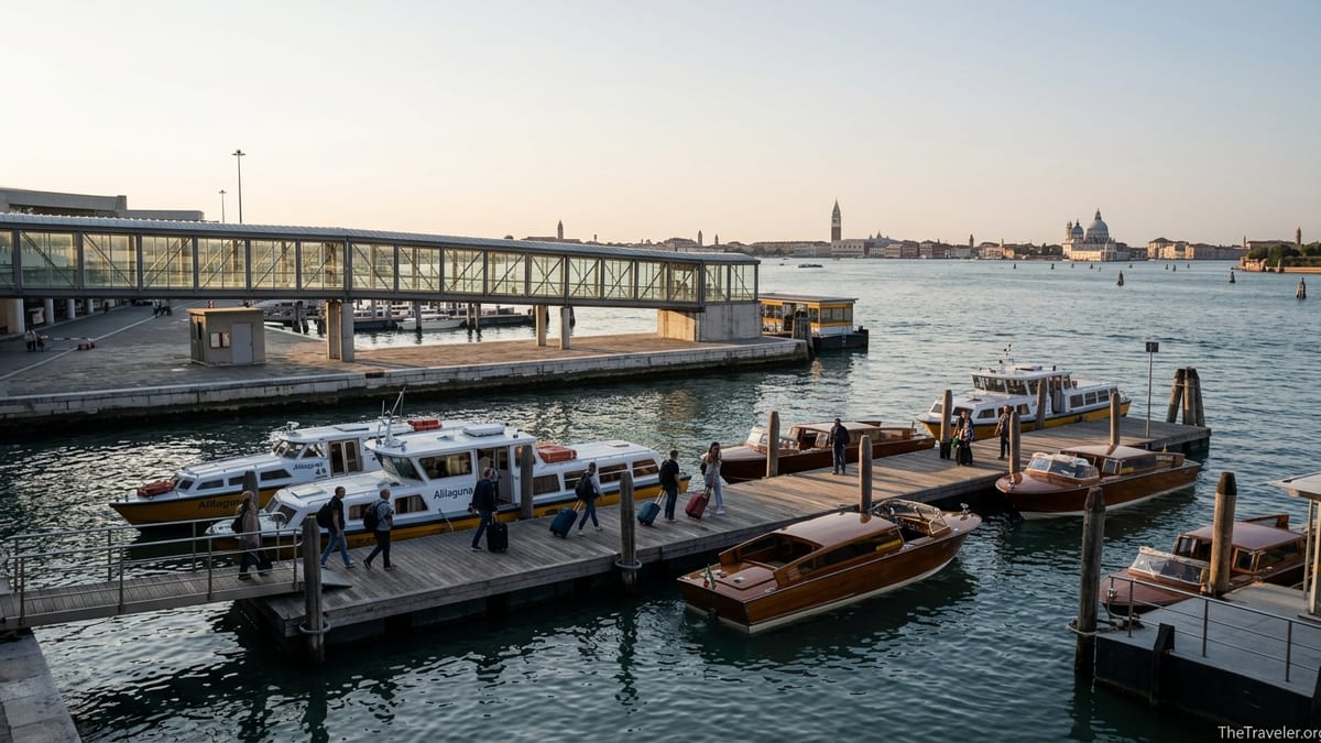 Passengers boarding water buses and taxis at Venice Marco Polo Airport pier with the lagoon and Venice skyline in thedistance