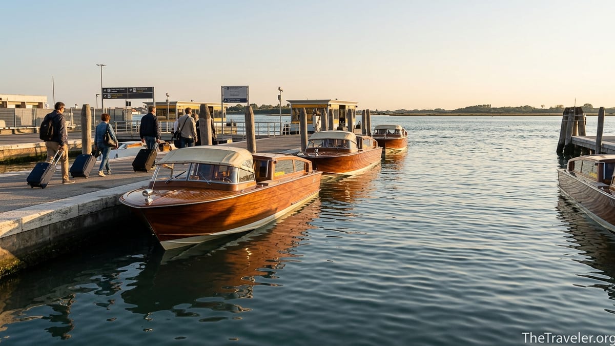 Travelers with luggage boarding wooden water taxis at Venice Marco Polo Airport dock at sunset.