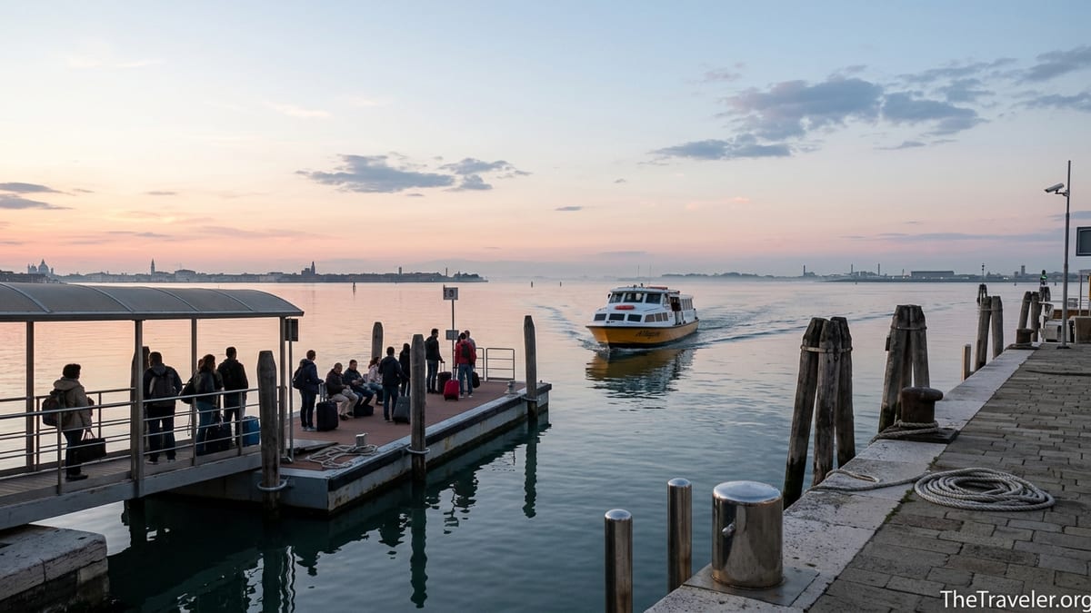 Alilaguna water bus approaching the dock at Venice Marco Polo Airport at sunrise.