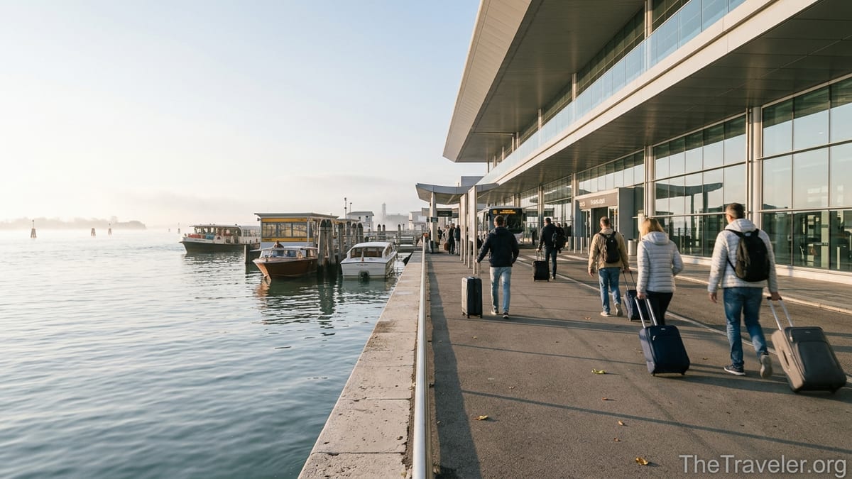 Travelers outside Venice Marco Polo Airport walking toward buses and lagoon boats at sunrise.