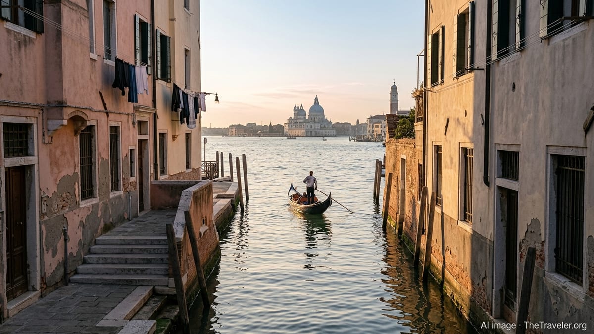 Quiet Venetian side canal at sunset with a lone gondola and worn pastel buildings.