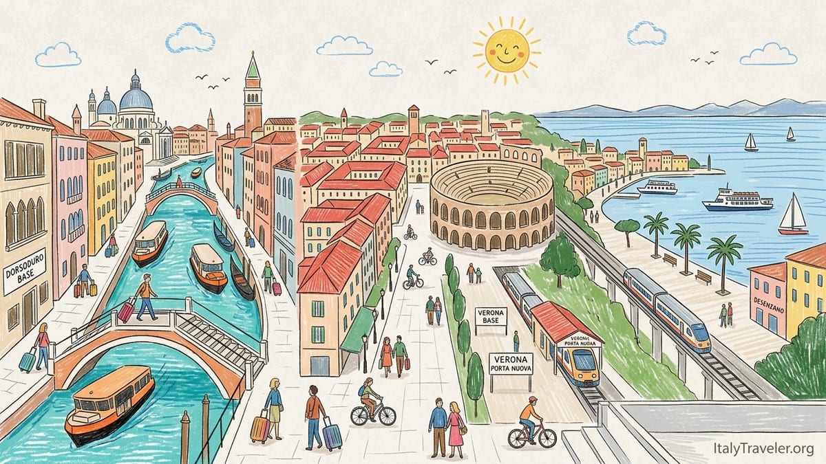 Panoramic view blending Venice canals, Verona’s Arena and Lake Garda at sunset.