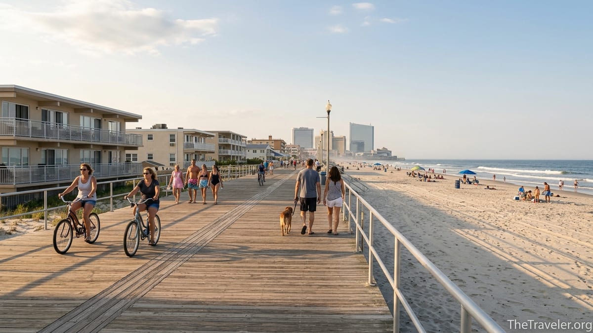 Ventnor City boardwalk at golden hour with quiet beach and distant Atlantic City skyline.