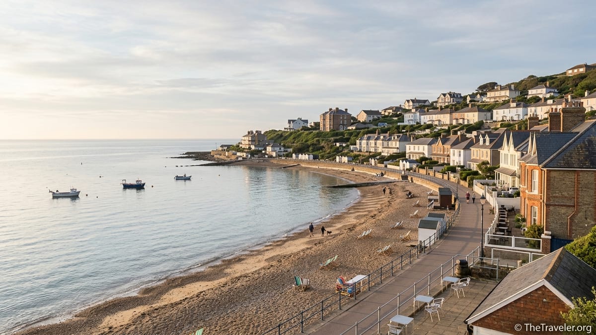Calm morning view over Ventnor Bay’s beach and promenade on the Isle of Wight