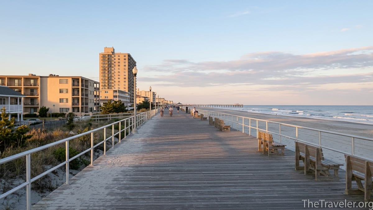 Peaceful evening view of the Ventnor City boardwalk with few people and calm ocean waves.