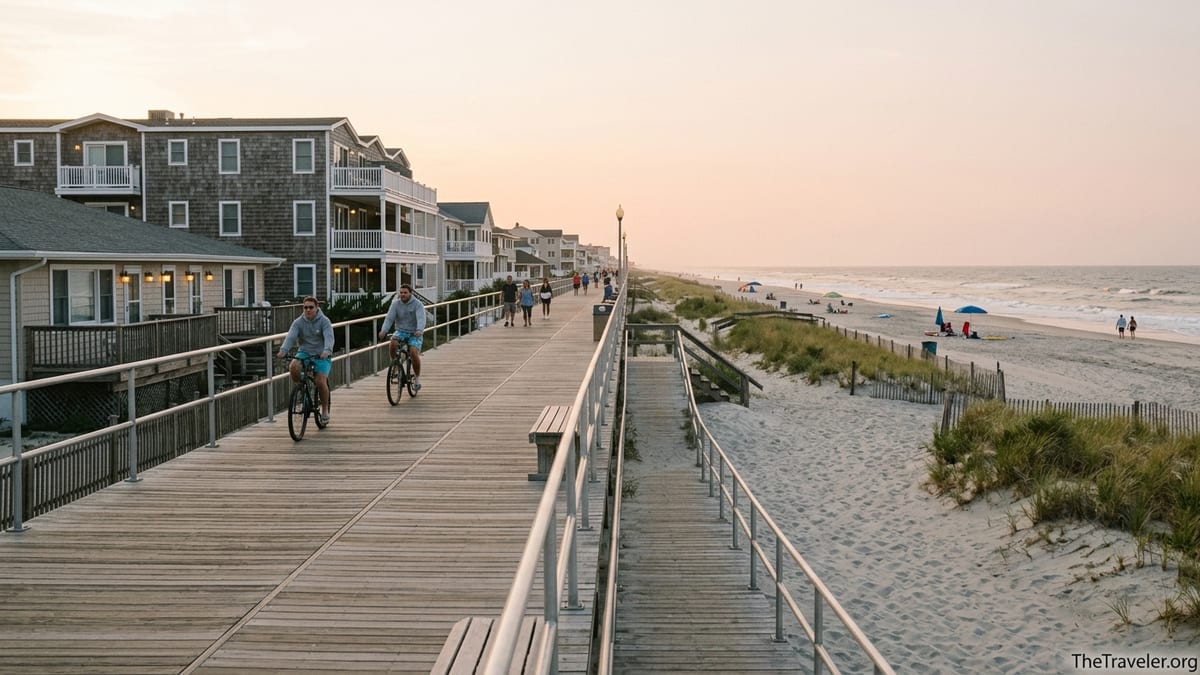 Quiet Ventnor boardwalk at sunset with wide beach and low-rise homes.
