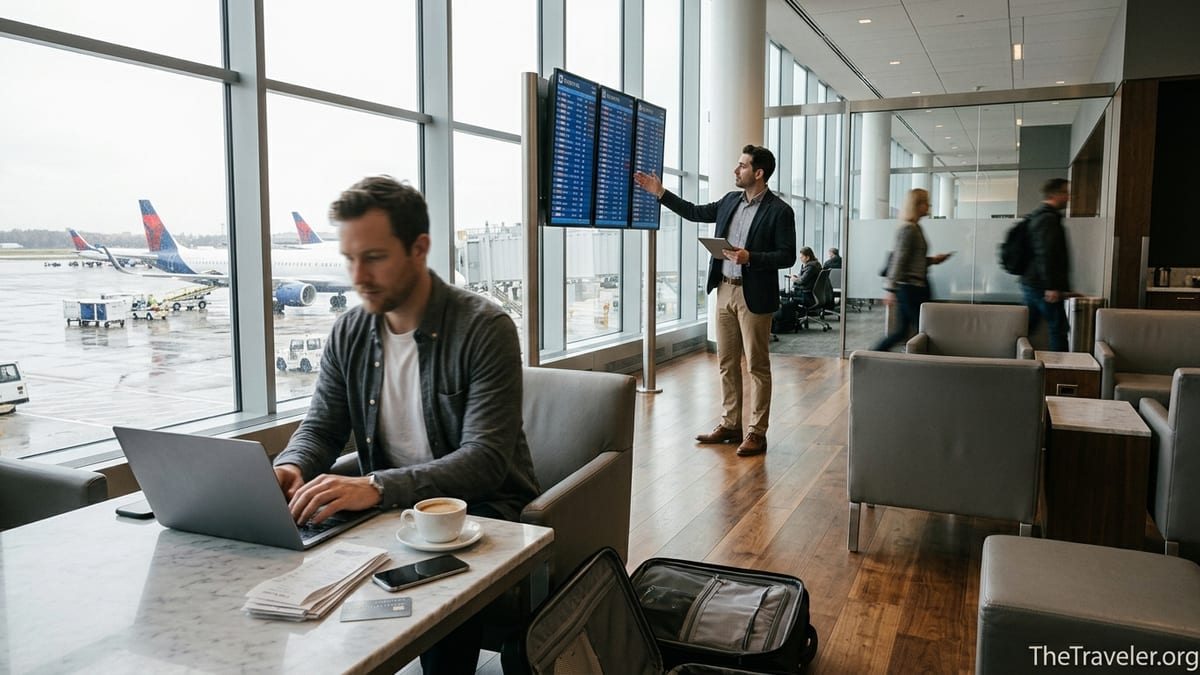 Business traveler working on laptop in airport lounge with credit card on table.