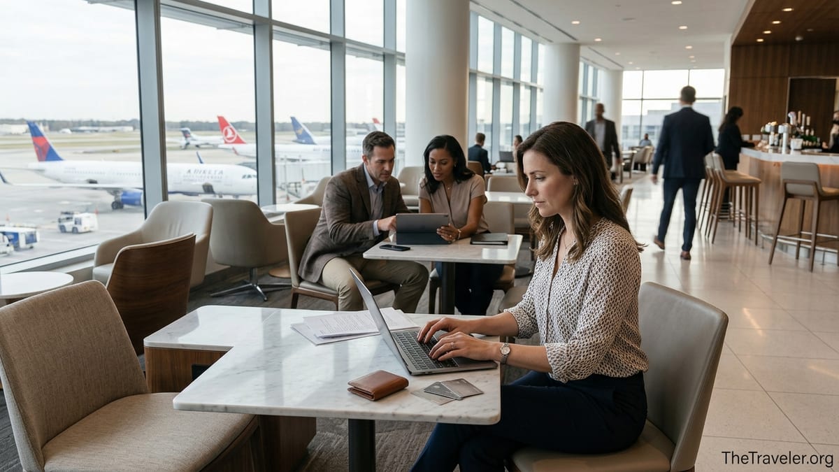 Business travelers working in a modern airport lounge with credit cards on the table.