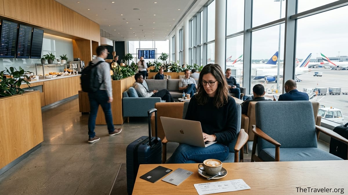 Traveler in an airport lounge with premium credit cards on table overlooking runway.