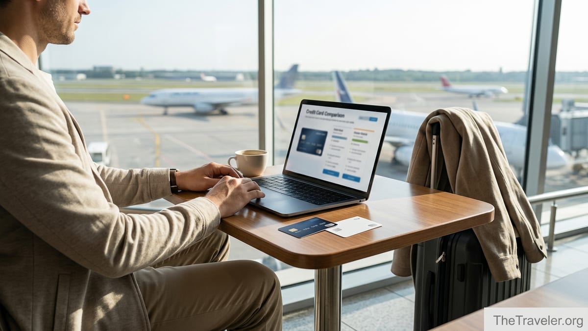 Traveler comparing two credit cards on a laptop in an airport lounge.