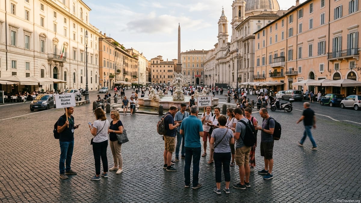 Travelers meeting local guides for tours in a sunlit European city square.