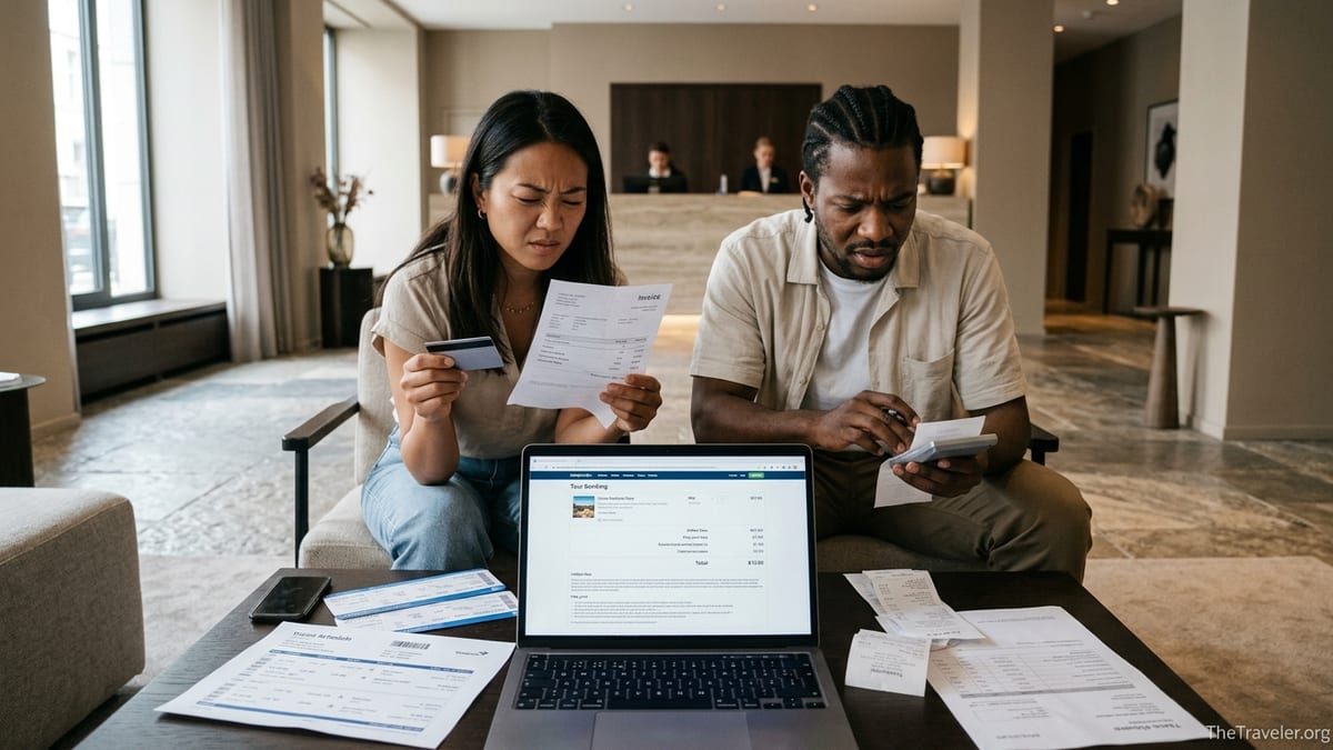Travelers in a hotel lobby reviewing tour booking receipts and hidden fees on a laptop.