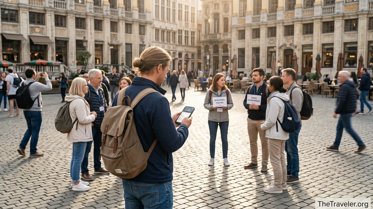 Traveler checking a tour booking on a phone at a busy European city square meeting point.