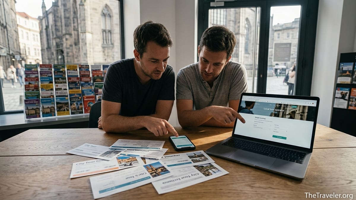 Travelers compare booking a city tour on a phone app versus a local operator website.