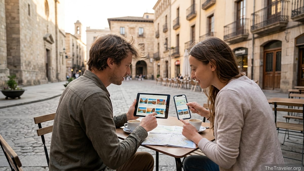 Two travelers compare tour booking apps on devices at a European cafe terrace.