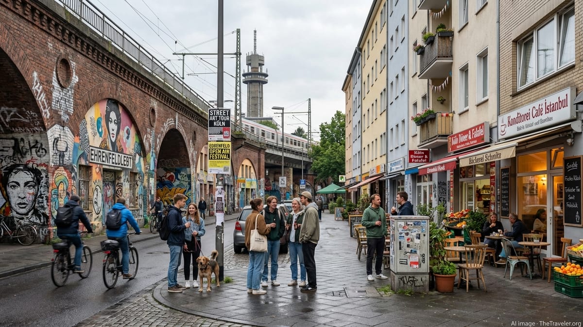 A vibrant, multicultural scene in Cologne's Ehrenfeld neighborhood under soft overcast light.