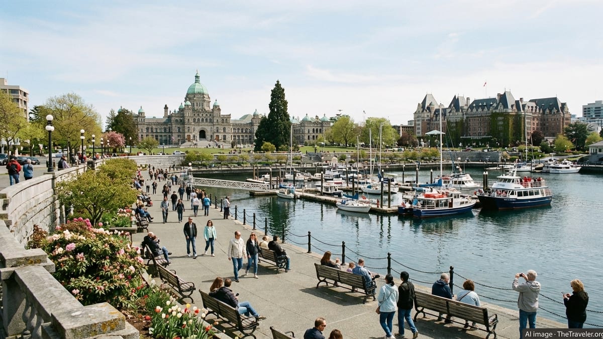Victoria BC Inner Harbour with boats, Parliament Buildings and Empress Hotel on a mild sunny day.