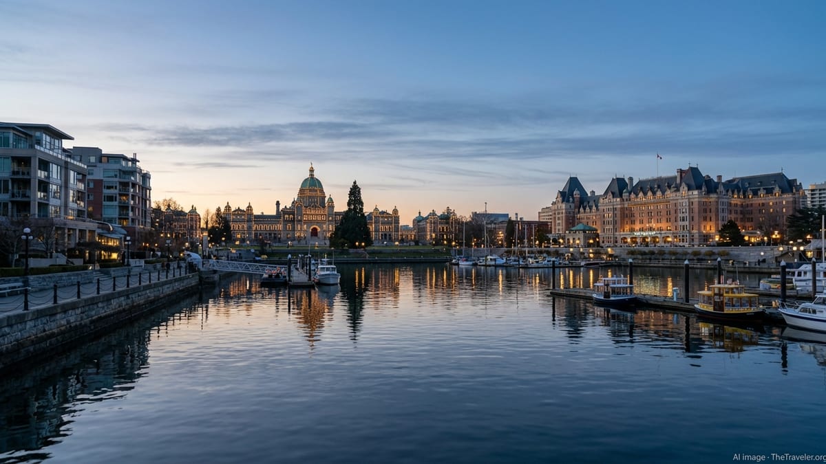 Evening view of Victoria BC Inner Harbour with Parliament Buildings and boats reflected on calm water.