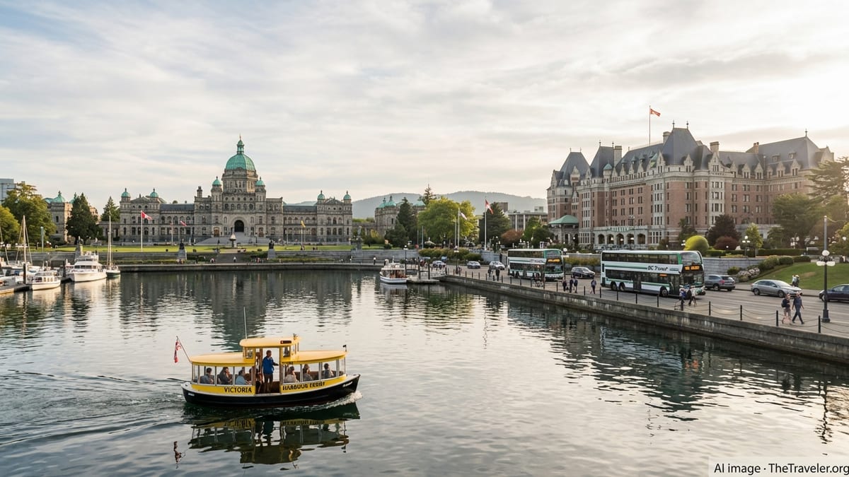 Victoria BC Inner Harbour with water taxi, harbourfront buildings and buses on a clear afternoon.