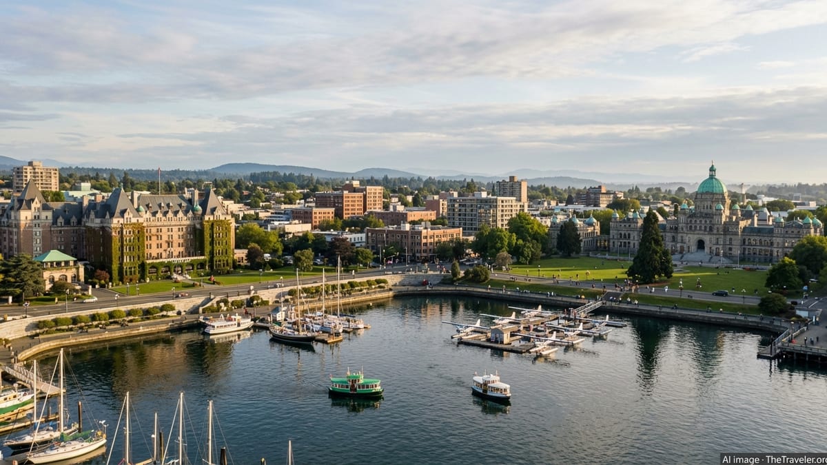 Aerial view of Victoria BC Inner Harbour with Parliament, Empress Hotel, and boats at golden hour.