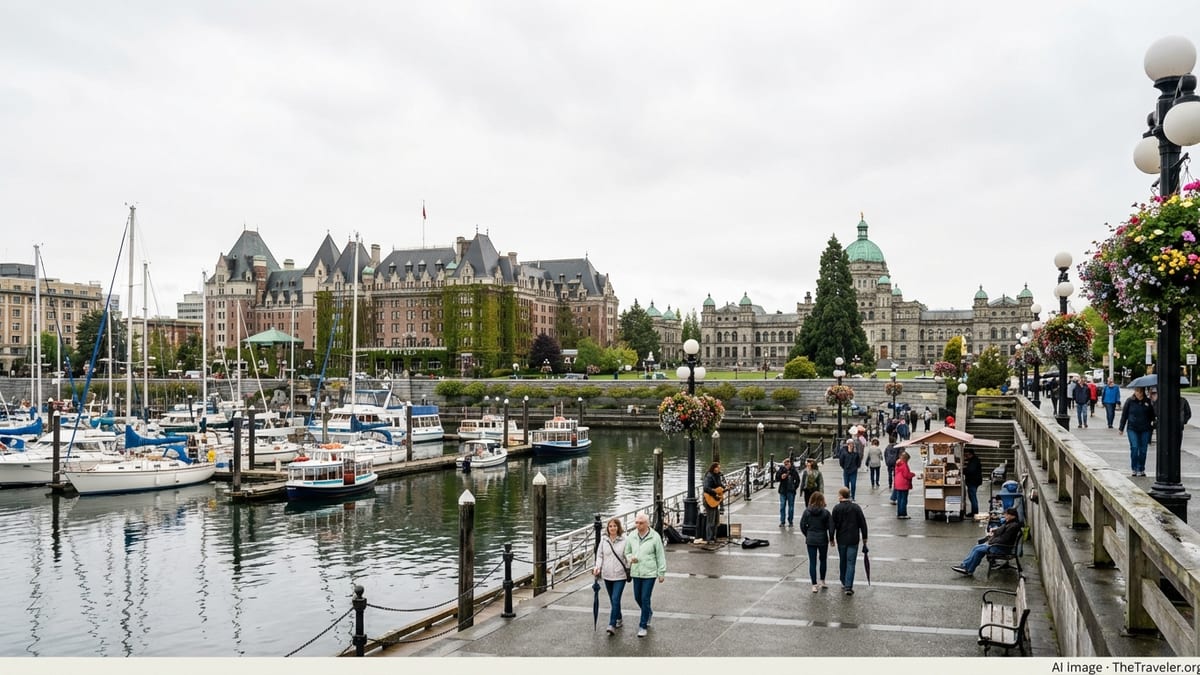 View of Victoria BC Inner Harbour with boats, pedestrians, Empress Hotel and Parliament on an overcast day.