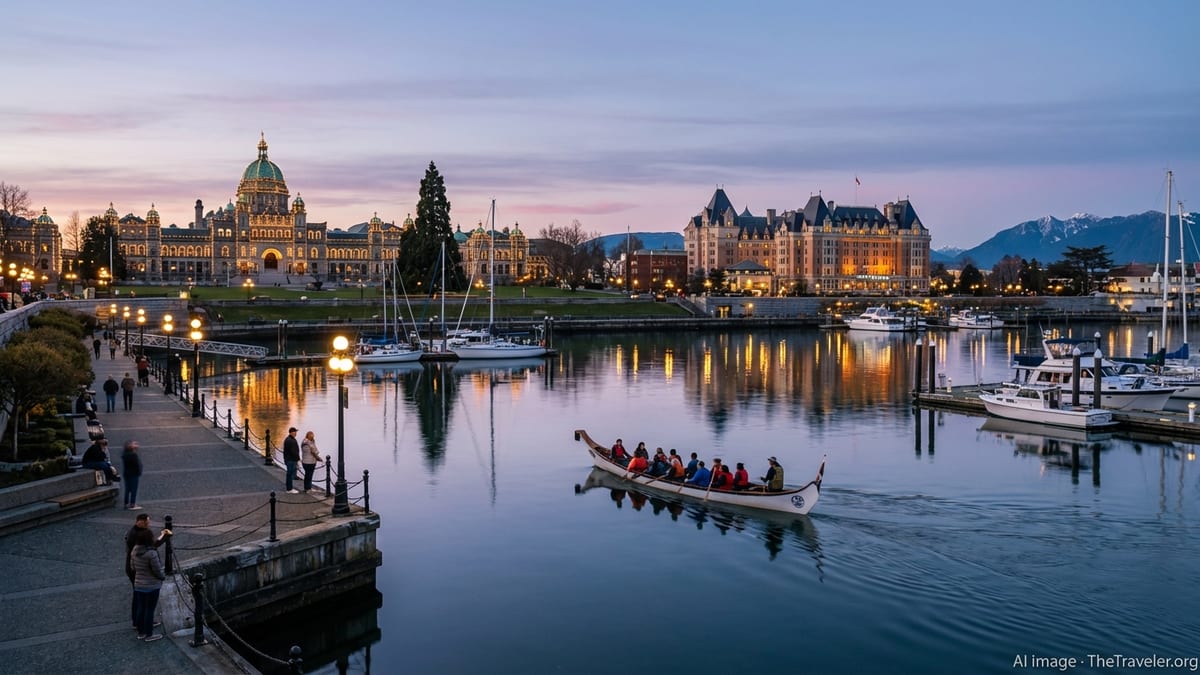 Victoria BC Inner Harbour at blue hour with Parliament Buildings, Empress Hotel and a Songhees canoe on calm water.