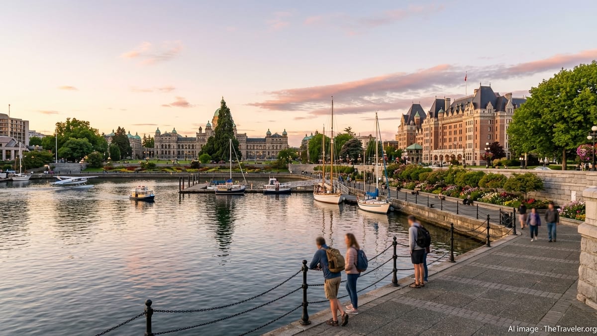 Golden hour view of Victoria BC Inner Harbour with boats, Parliament Buildings, and waterfront promenade.