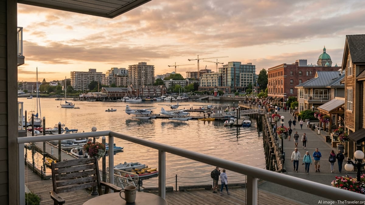 View from a balcony over Victoria BC’s Inner Harbour with apartments, hotels, and boats at golden hour.