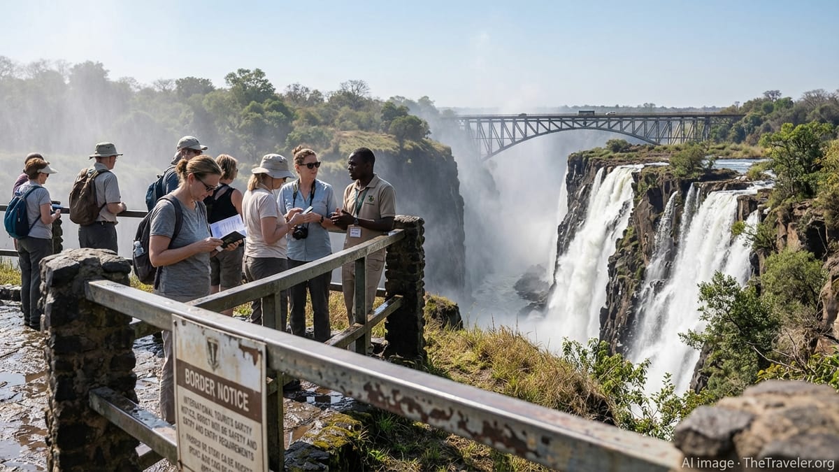 Mid-morning view of Victoria Falls from Knife-Edge Bridge with tourists and local guide.