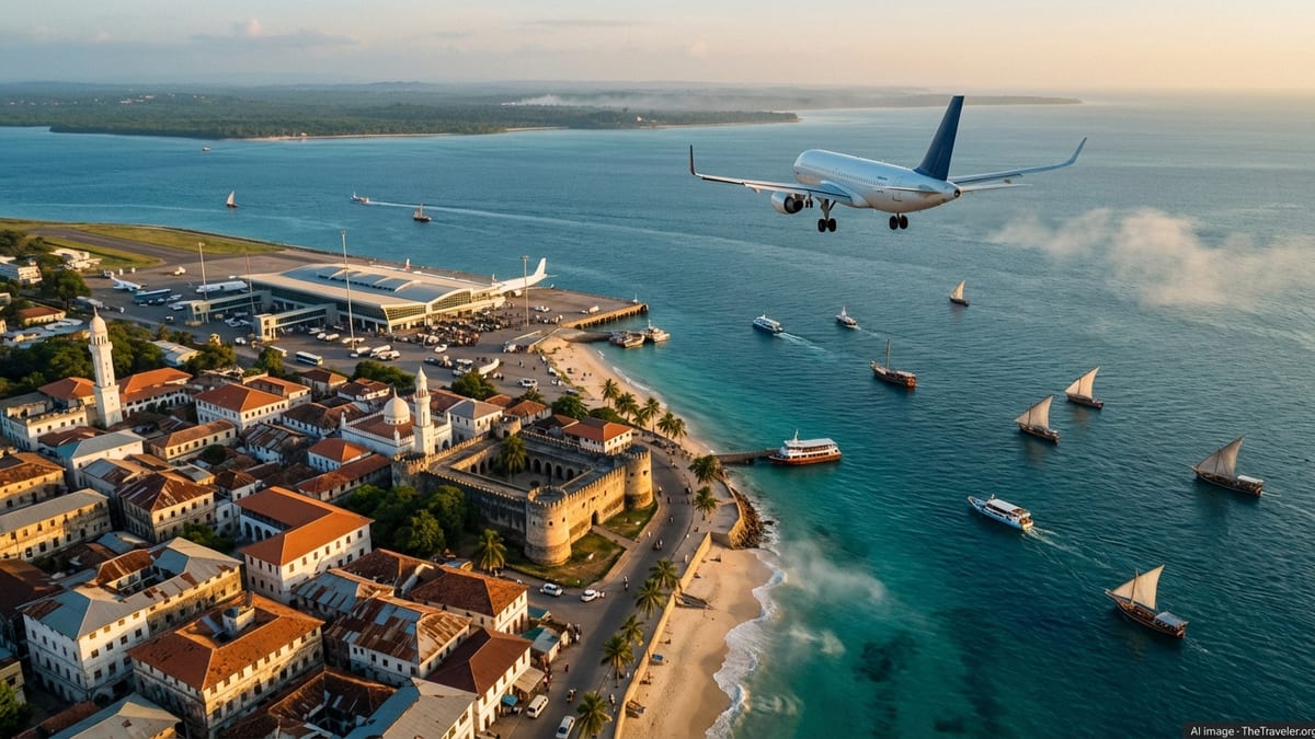 Airliner approaching Zanzibar’s coast above Stone Town and the island’s international airport at sunset.