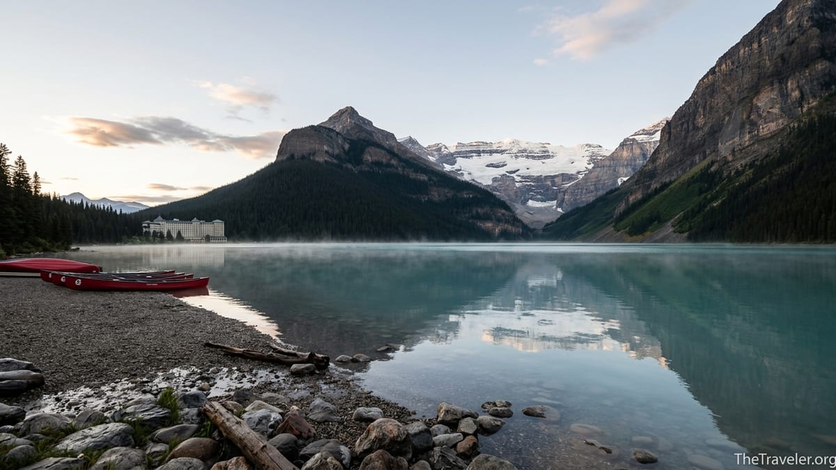 Victoria Glacier above Lake Louise at sunrise, seen from rocky shore with red canoes in the foreground.