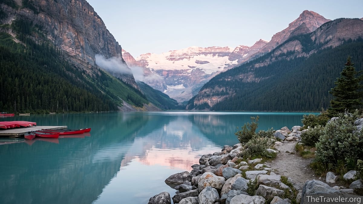 Victoria Glacier above Lake Louise at dawn, reflected in calm turquoise water with canoes and rocky shoreline in view.